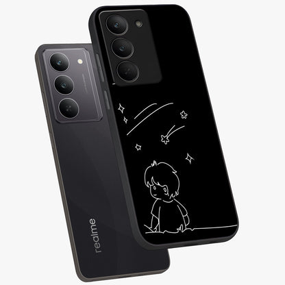 Line Art Boy With Shooting Stars Glass Case displayed in angled mockup highlighting elegant line art design with dreamy star aesthetic.