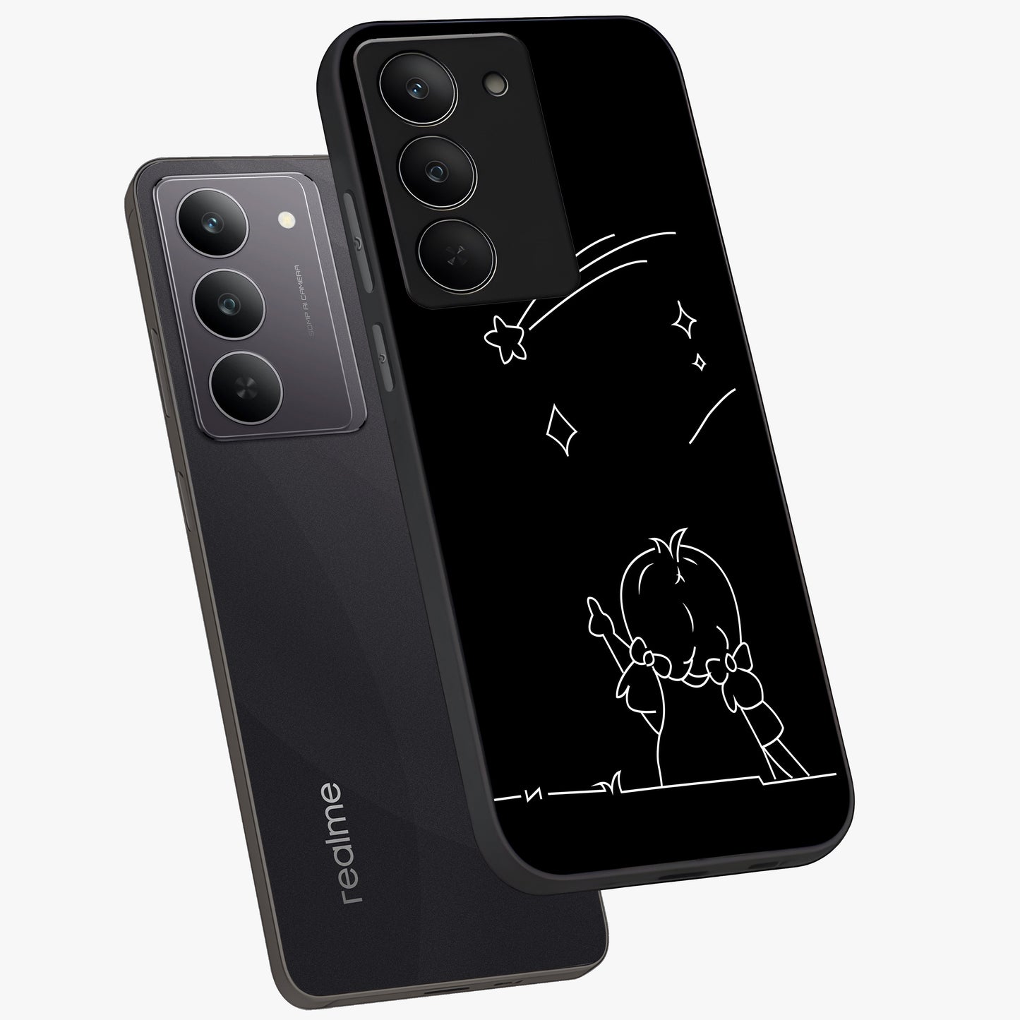 Line Art Girl With Shooting Stars Glass Case displayed in angled mockup highlighting elegant line art design with dreamy star aesthetic.