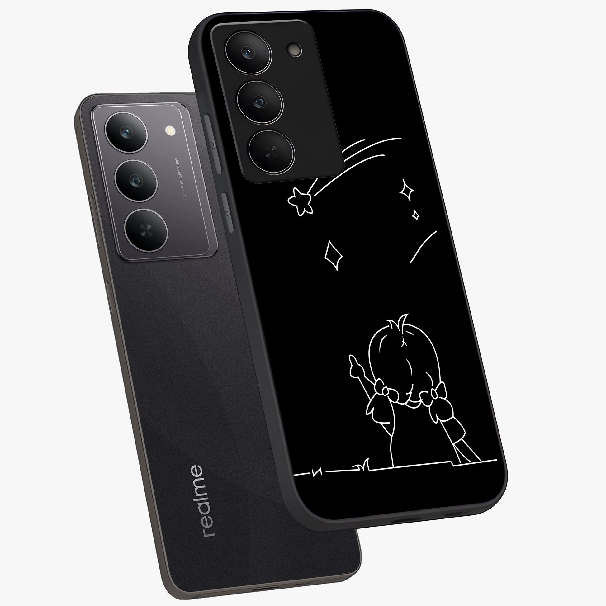Line Art Girl With Shooting Stars Glass Case displayed in angled mockup highlighting elegant line art design with dreamy star aesthetic.