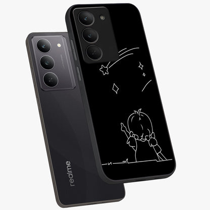 Line Art Girl With Shooting Stars Glass Case displayed in angled mockup highlighting elegant line art design with dreamy star aesthetic.