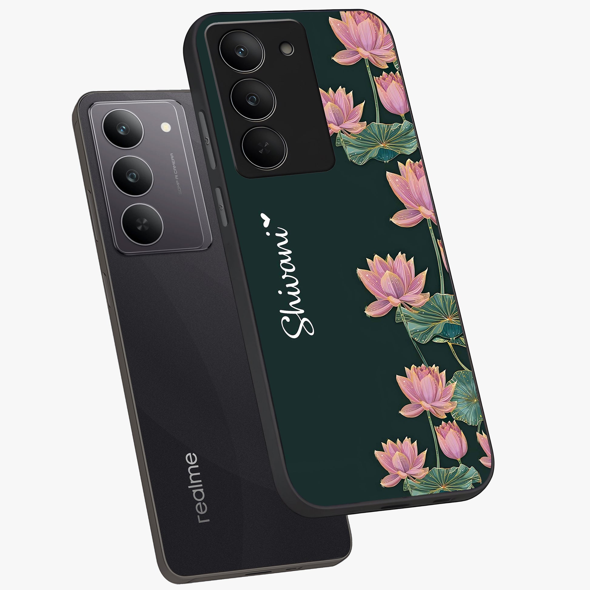 Lotus Bloom Serenity Custom Name Glass Case displayed in angled mockup highlighting graceful lotus illustration with custom name feature.