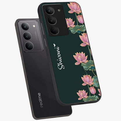 Lotus Bloom Serenity Custom Name Glass Case displayed in angled mockup highlighting graceful lotus illustration with custom name feature.