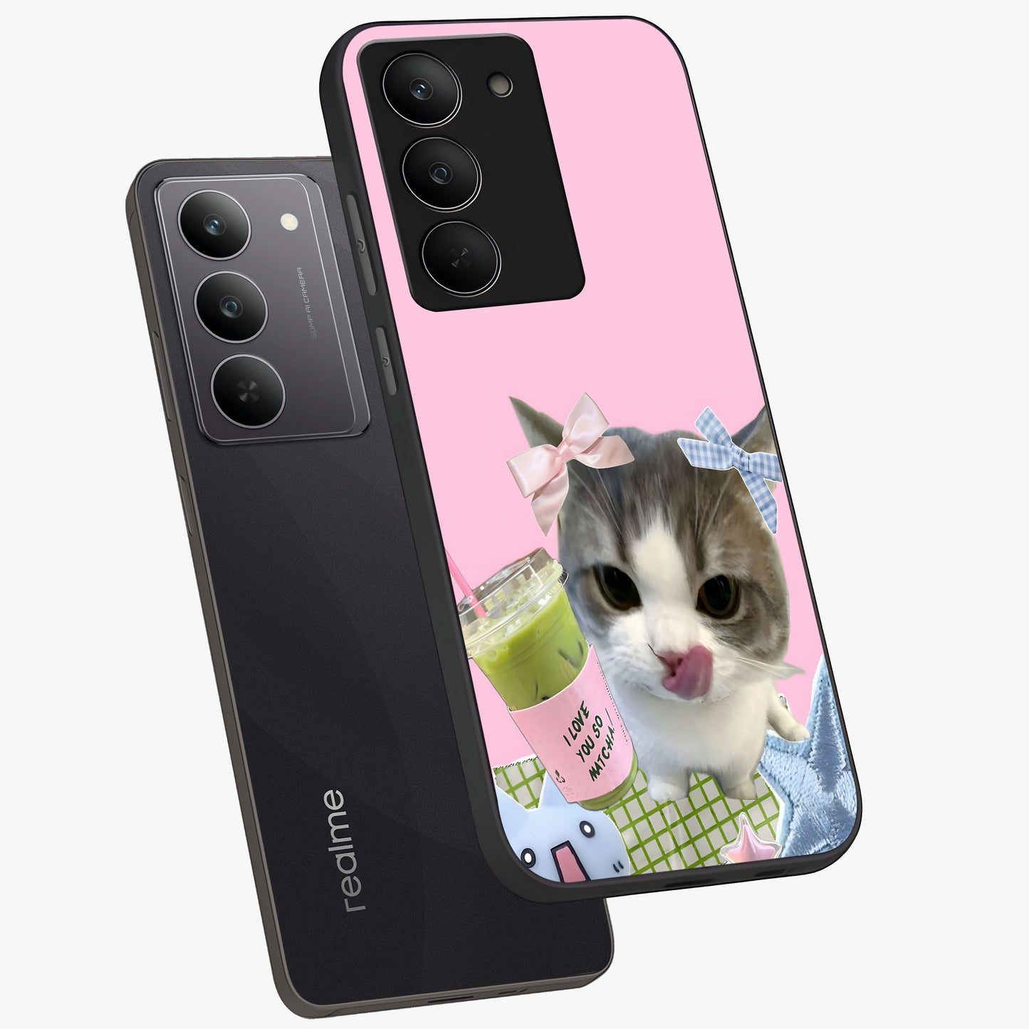 Love Matcha Cat Glass Case displayed in angled mockup highlighting playful feline illustration with cozy matcha aesthetic.