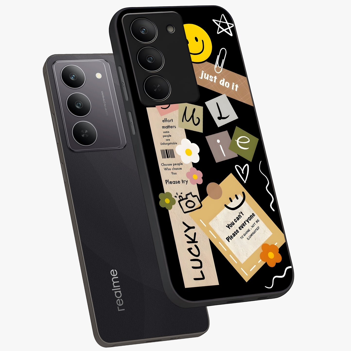 Lucky Aesthetic Collage Glass Case displayed in angled mockup highlighting stylish collage pattern with modern aesthetic vibe.