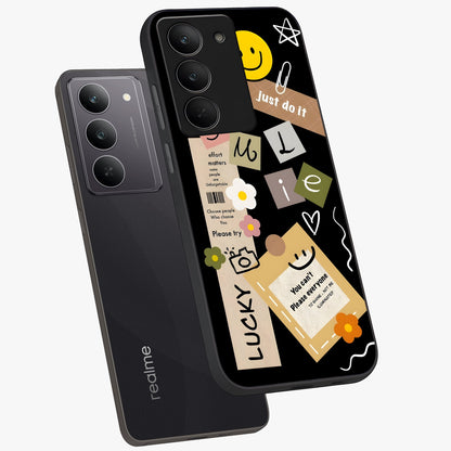 Lucky Aesthetic Collage Glass Case displayed in angled mockup highlighting stylish collage pattern with modern aesthetic vibe.
