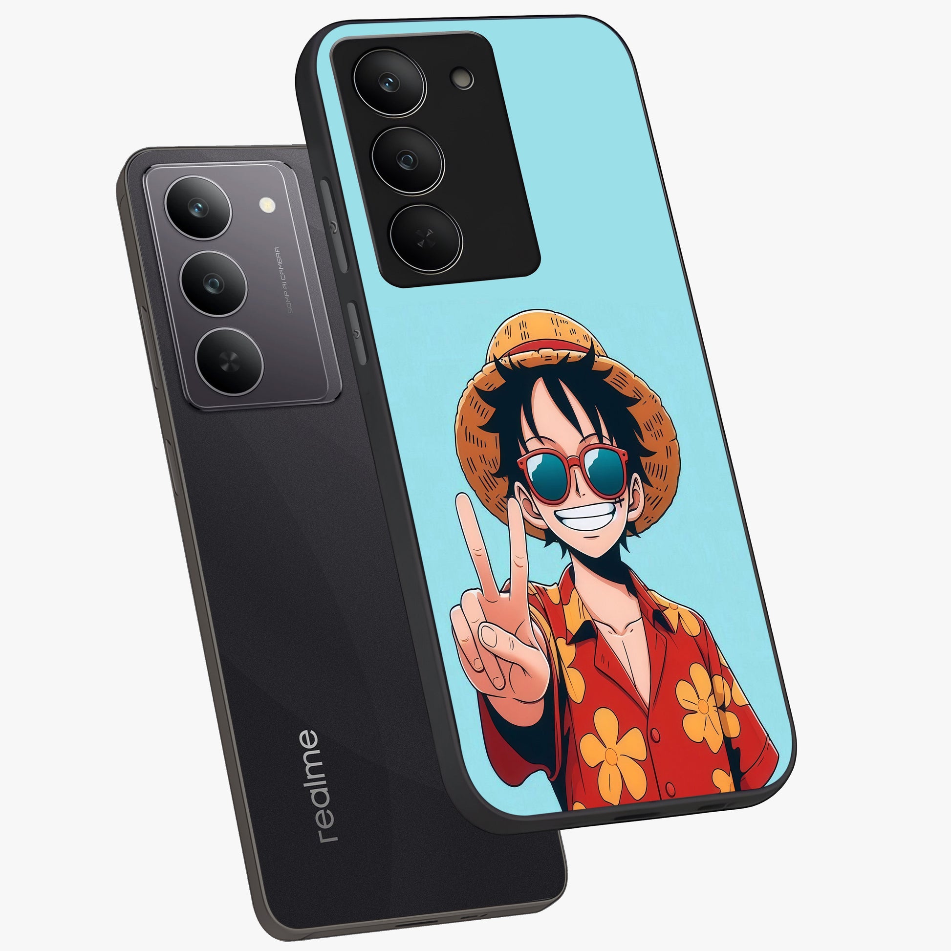 Luffy Summer Anime Vibe Glass Case displayed in angled mockup highlighting energetic anime illustration with summer vibe aesthetic.