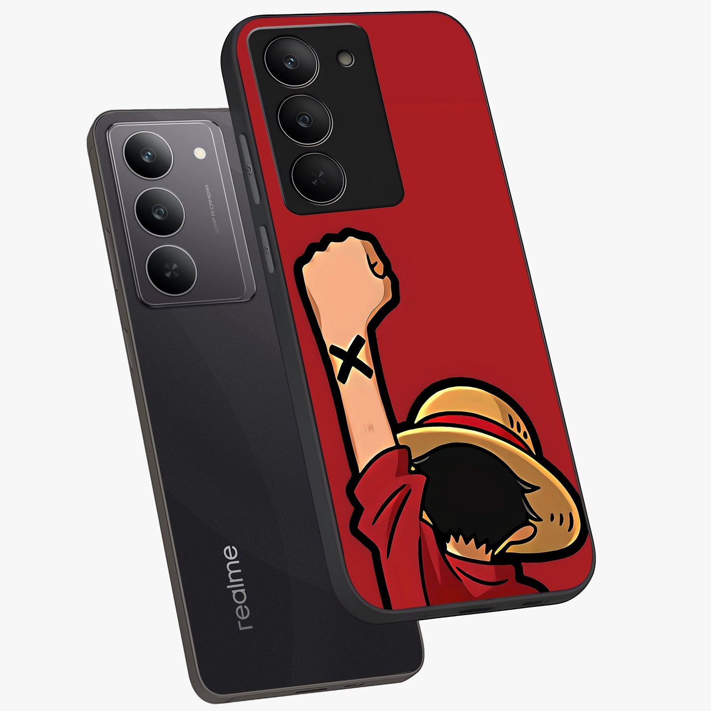 Luffy X Spirit Glass Case displayed in angled mockup highlighting powerful anime design with energetic action aesthetic.