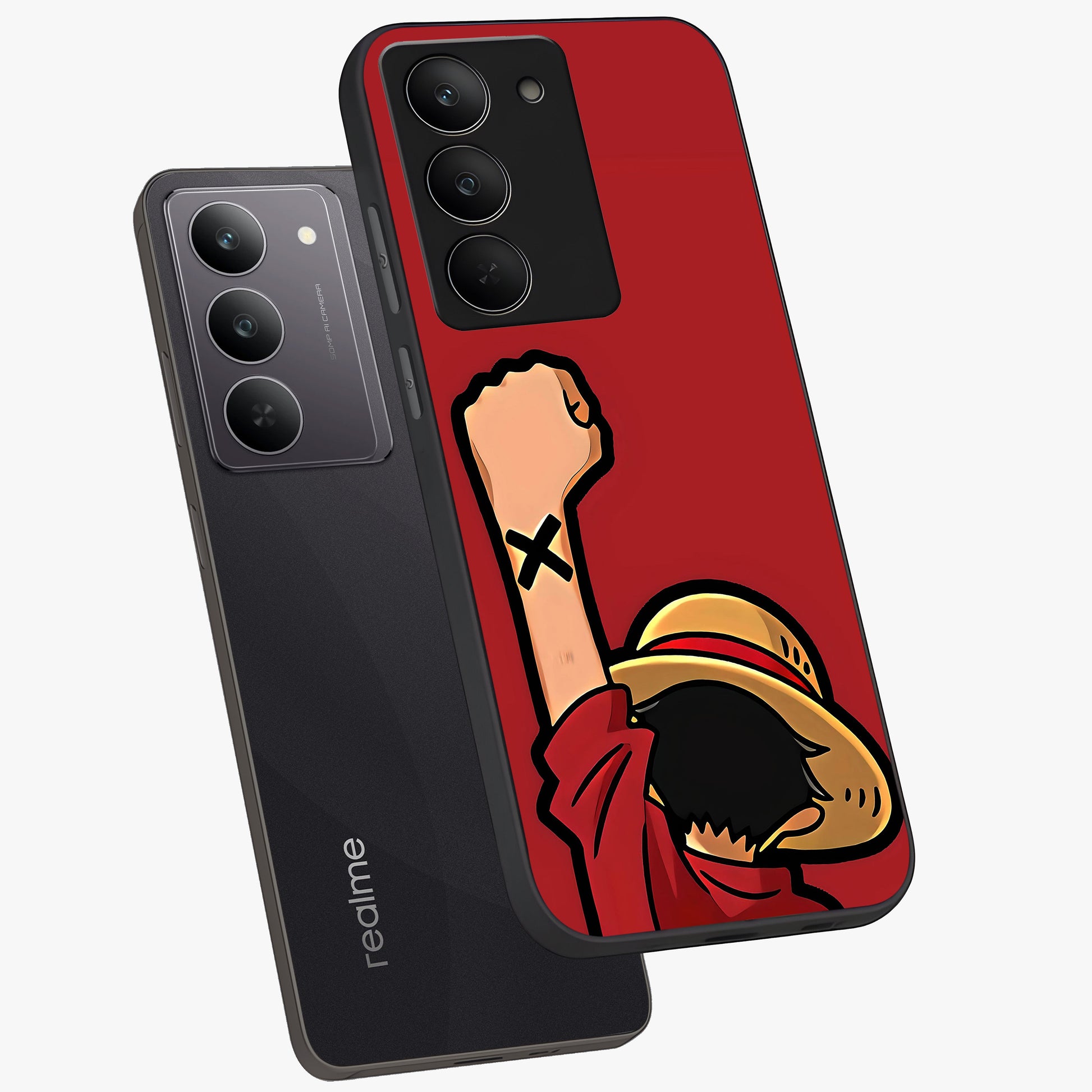 Luffy X Spirit Glass Case displayed in angled mockup highlighting powerful anime design with energetic action aesthetic.