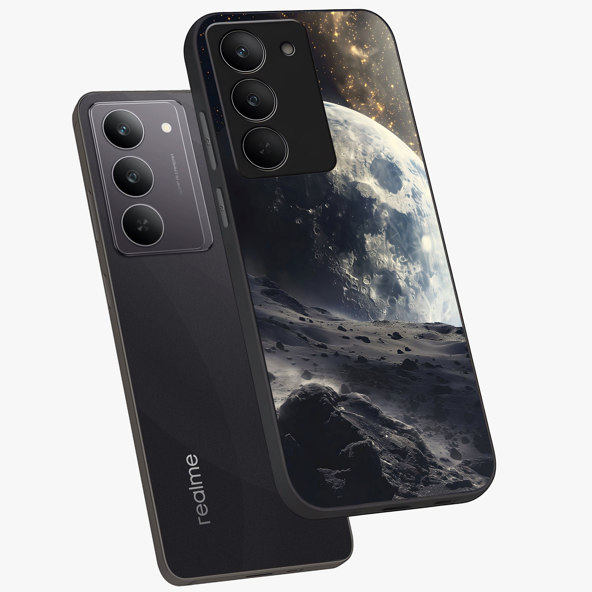 Lunar Horizon Glow Glass Case displayed in angled mockup highlighting celestial moon design with dreamy night aesthetic.