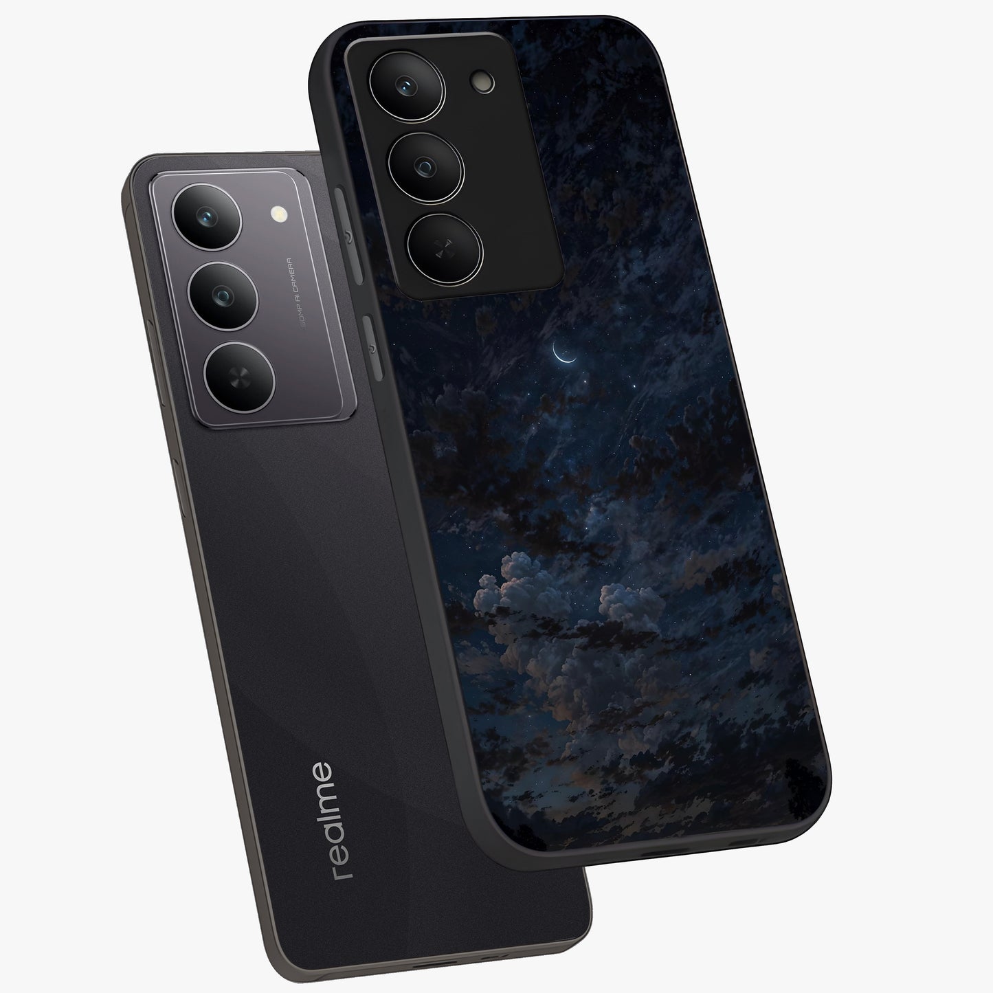Lunar Veil Silence Glass Case displayed in angled mockup highlighting soft lunar design with peaceful celestial aesthetic.
