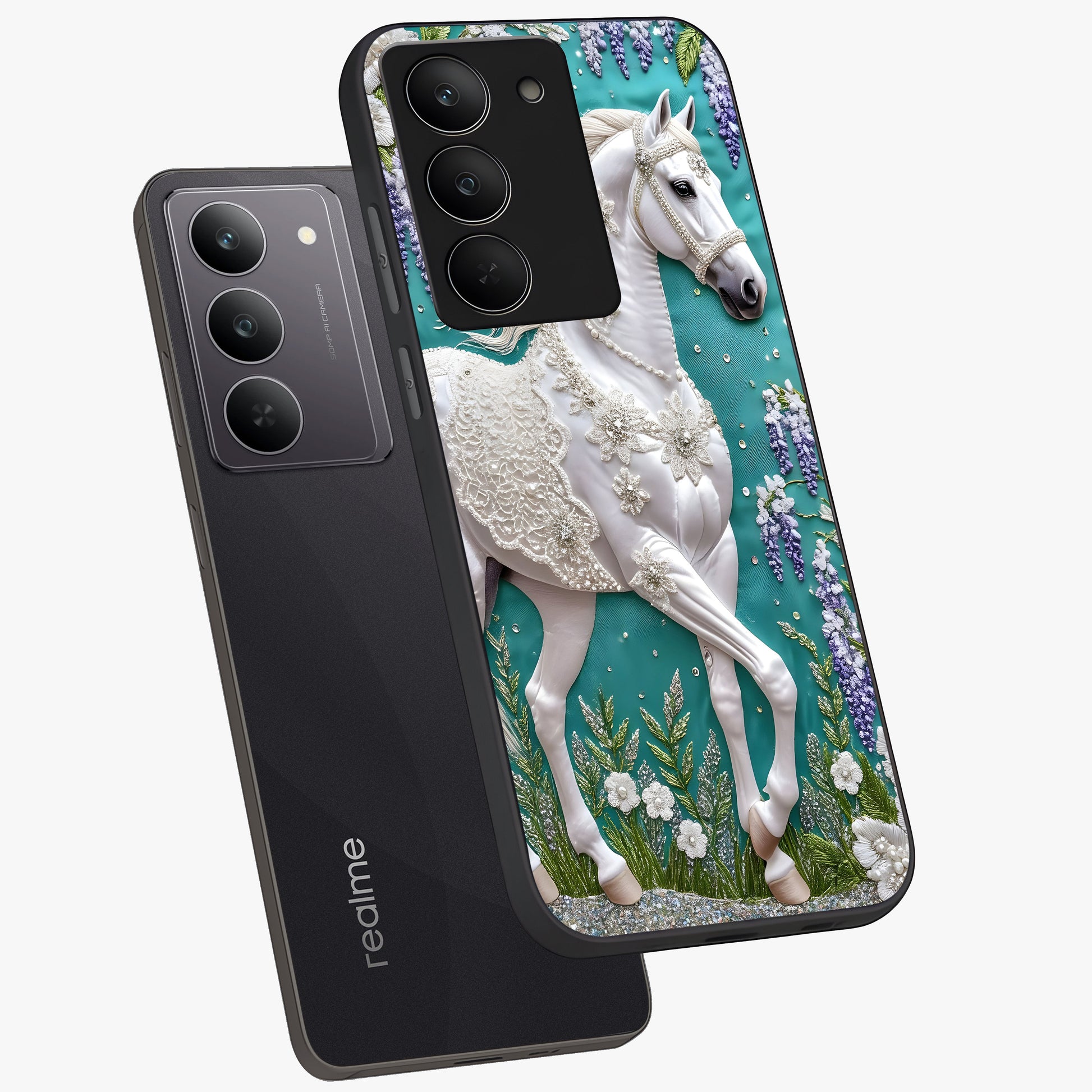 Majestic Floral Stallion Glass Case displayed in angled mockup highlighting majestic stallion illustration with elegant floral aesthetic.