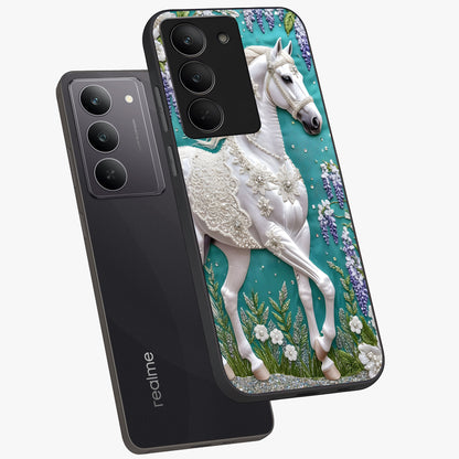 Majestic Floral Stallion Glass Case displayed in angled mockup highlighting majestic stallion illustration with elegant floral aesthetic.