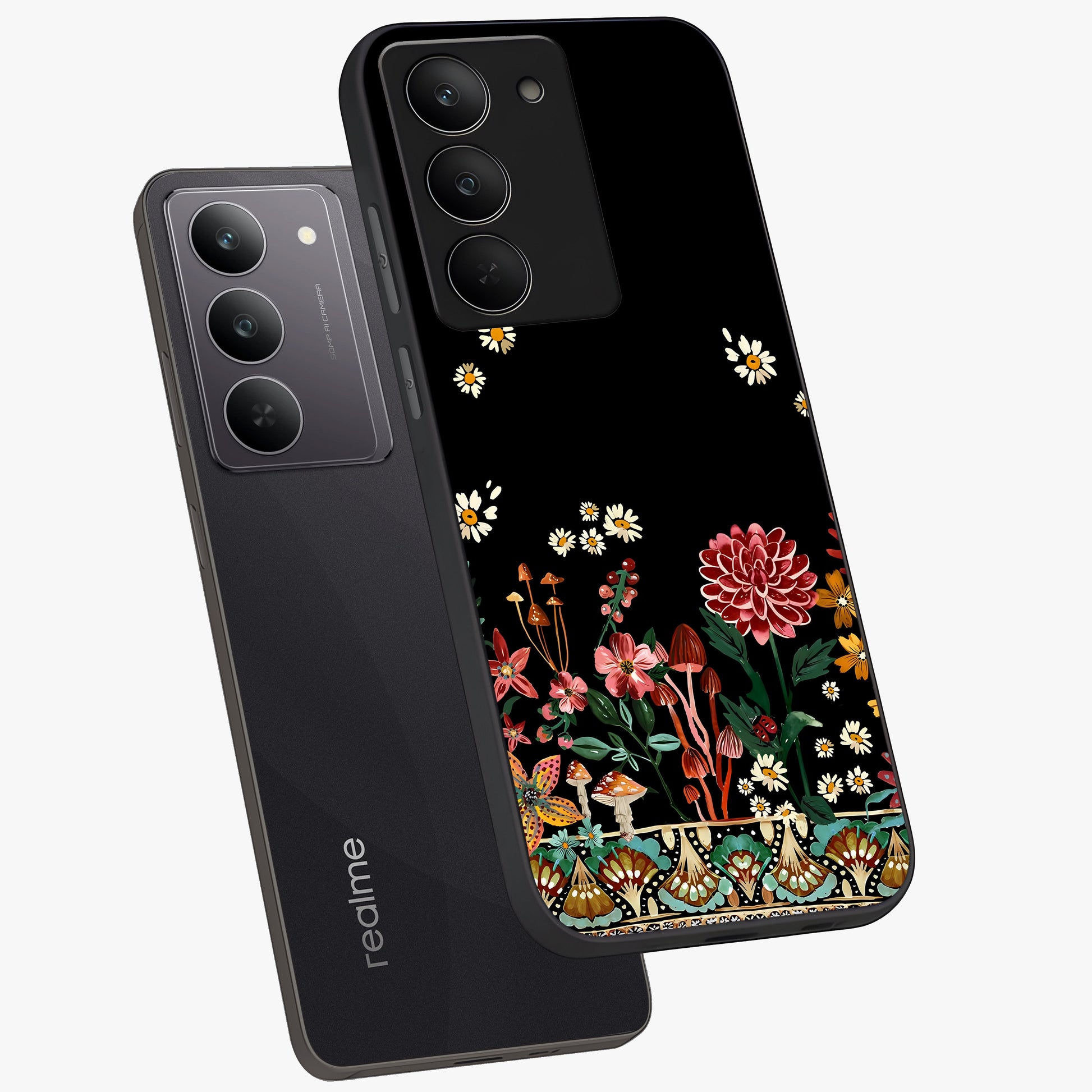 Midnight Bloom Pattern Glass Case displayed in angled mockup highlighting elegant flower design with midnight aesthetic style.