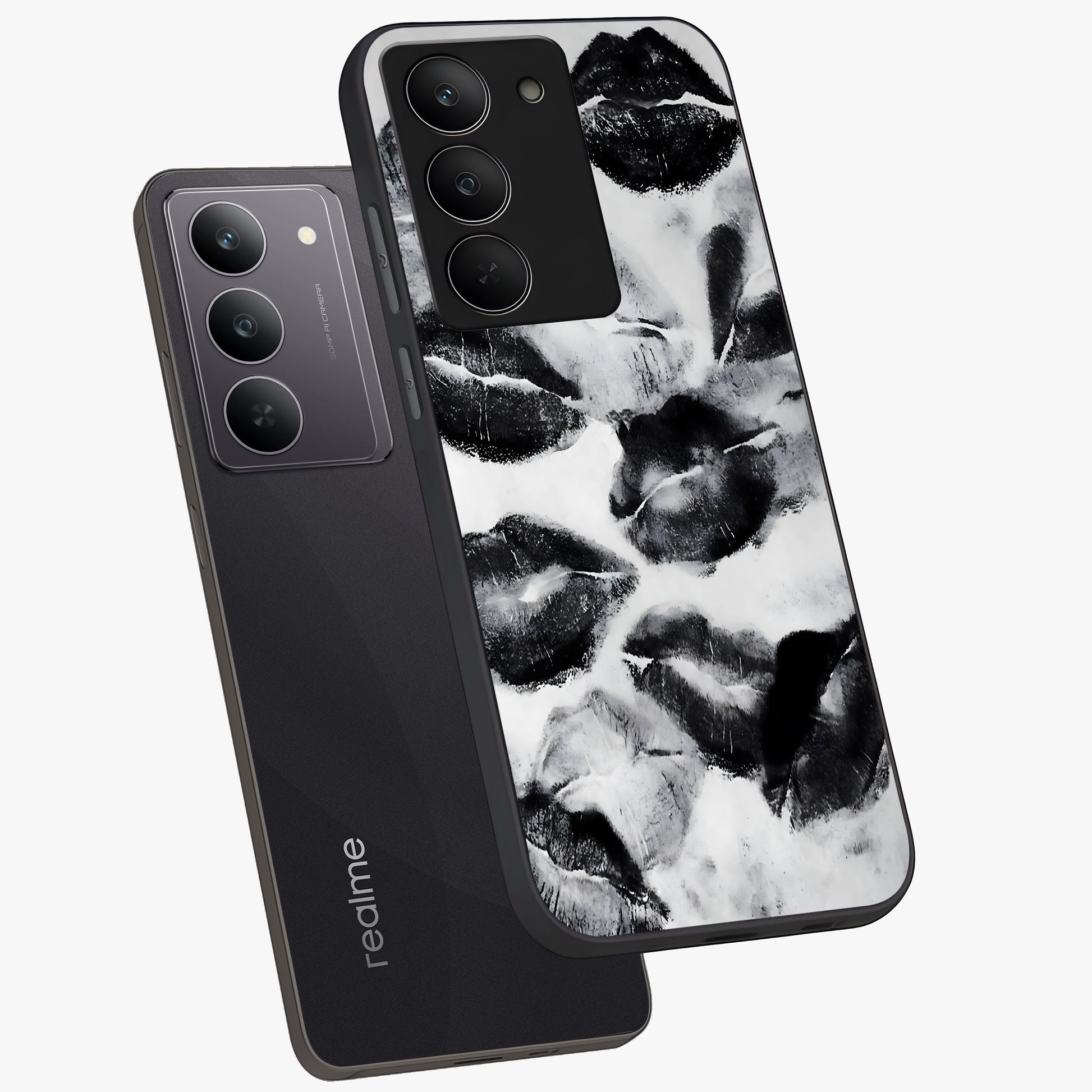 Midnight Kiss Marks Glass Case displayed in angled mockup highlighting playful romantic design with bold midnight aesthetic.