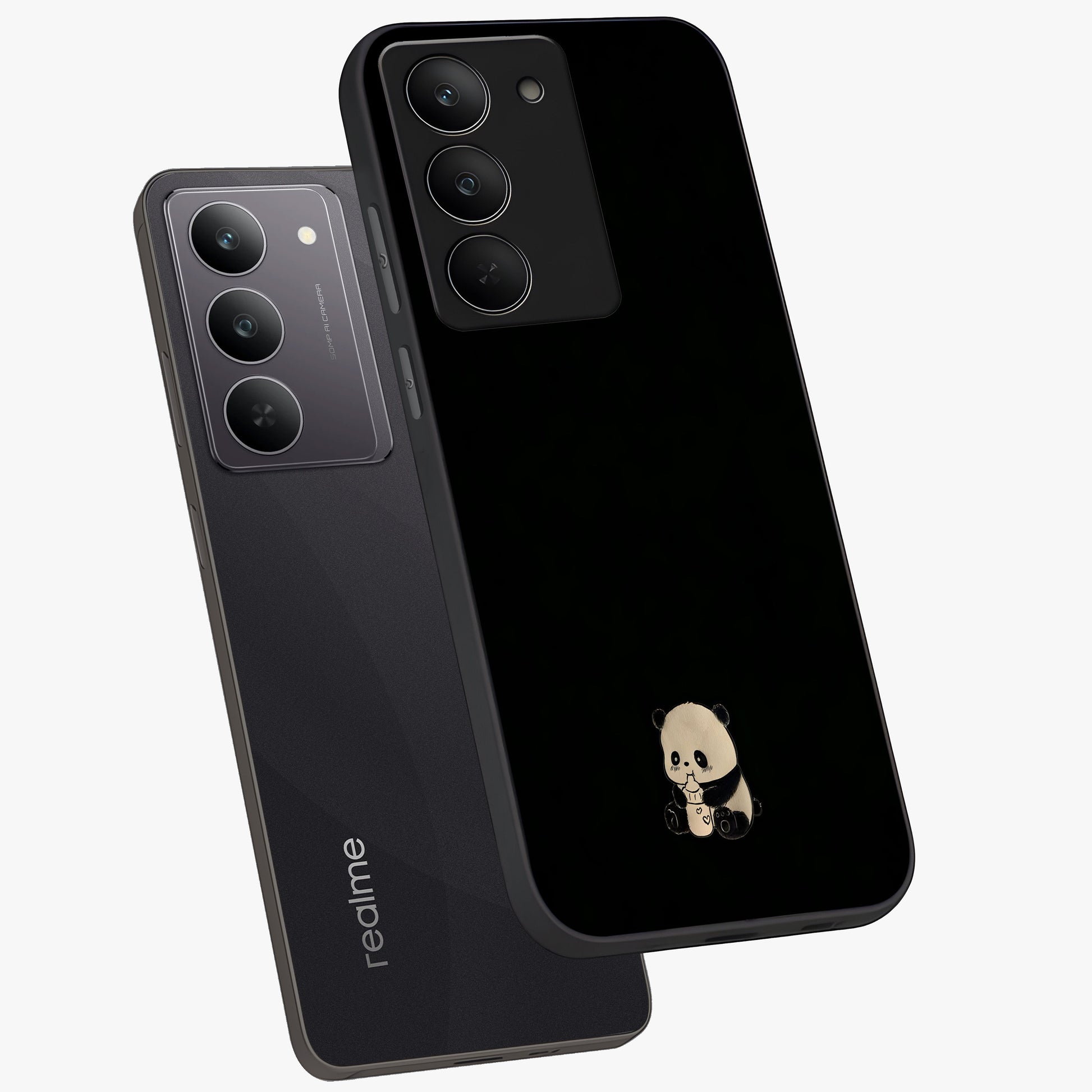 Midnight Panda Love Glass Case displayed in angled mockup highlighting adorable panda illustration with midnight aesthetic.