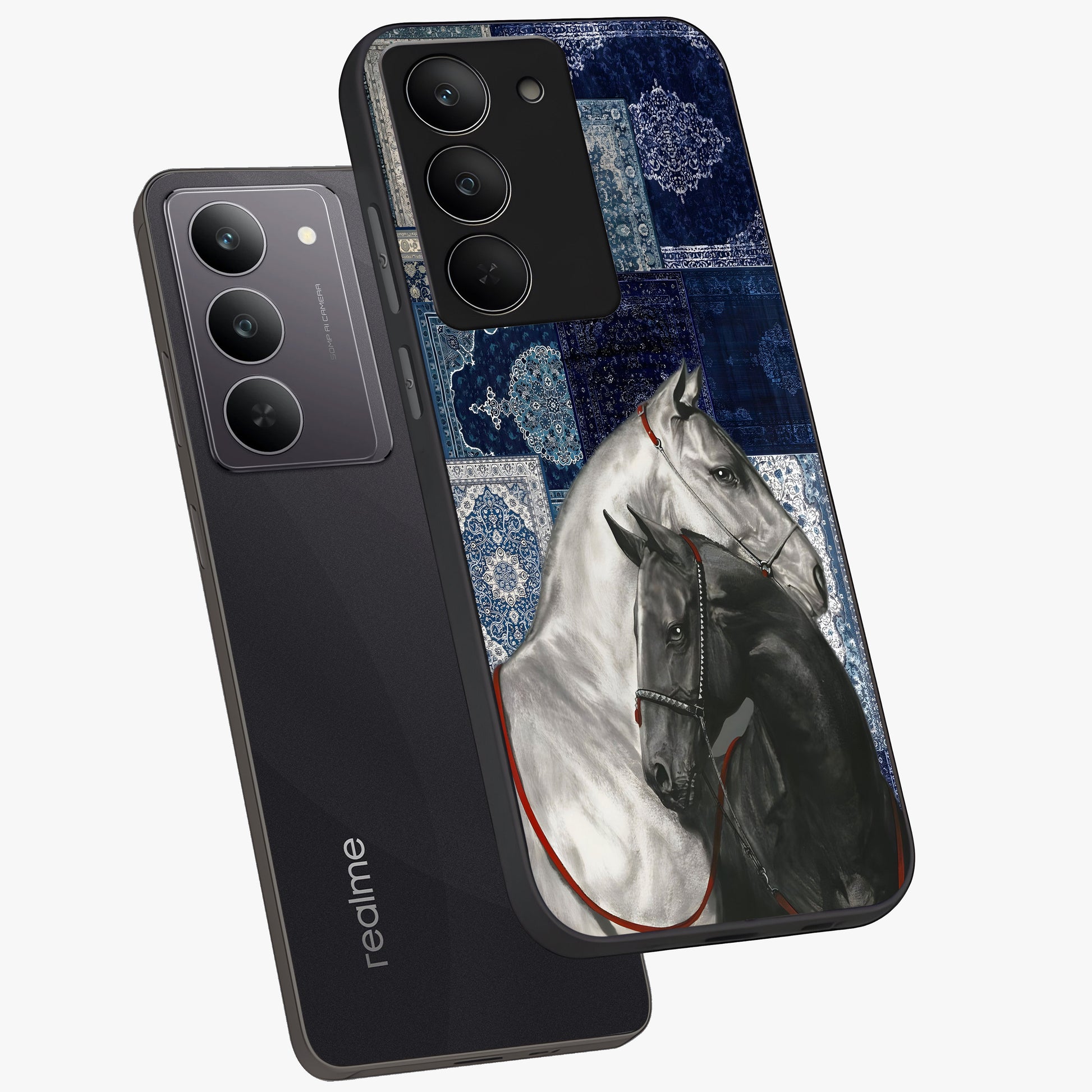Midnight Stallion Blues Glass Case displayed in angled mockup highlighting powerful stallion illustration with deep midnight tones.