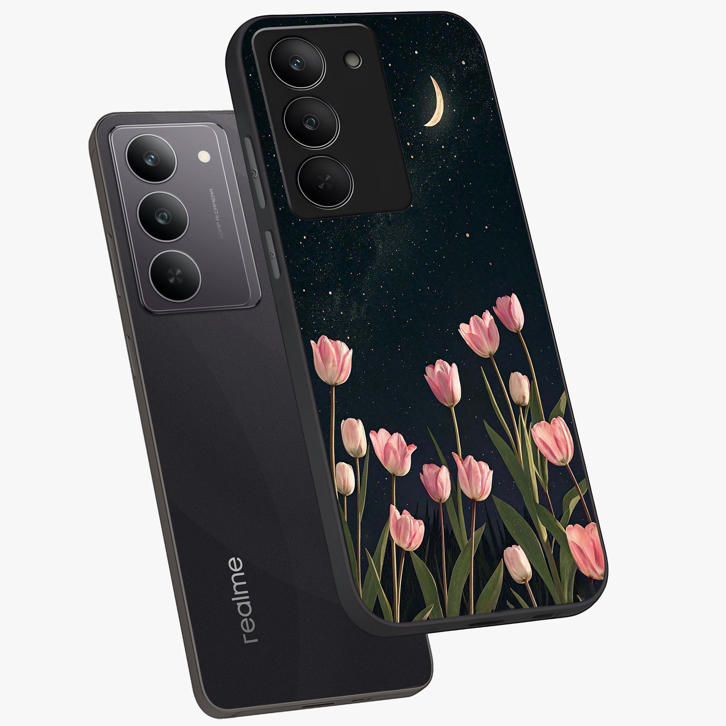 Midnight Tulip Whispers Vibe Glass Case displayed in angled mockup highlighting delicate tulip design with midnight floral aesthetic.