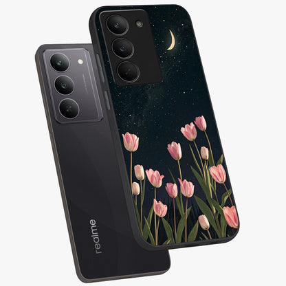 Midnight Tulip Whispers Vibe Glass Case displayed in angled mockup highlighting delicate tulip design with midnight floral aesthetic.