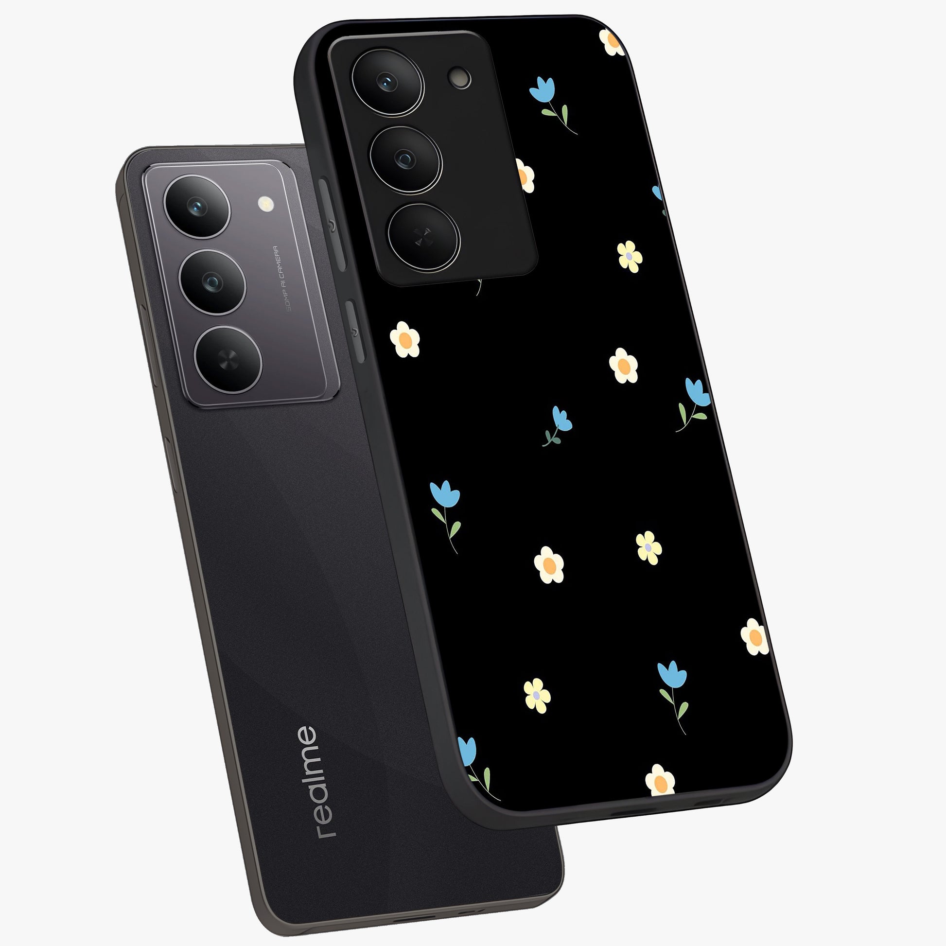 Minimal Petal Whispers Glass Case displayed in angled mockup highlighting delicate petal design with clean minimal aesthetic.