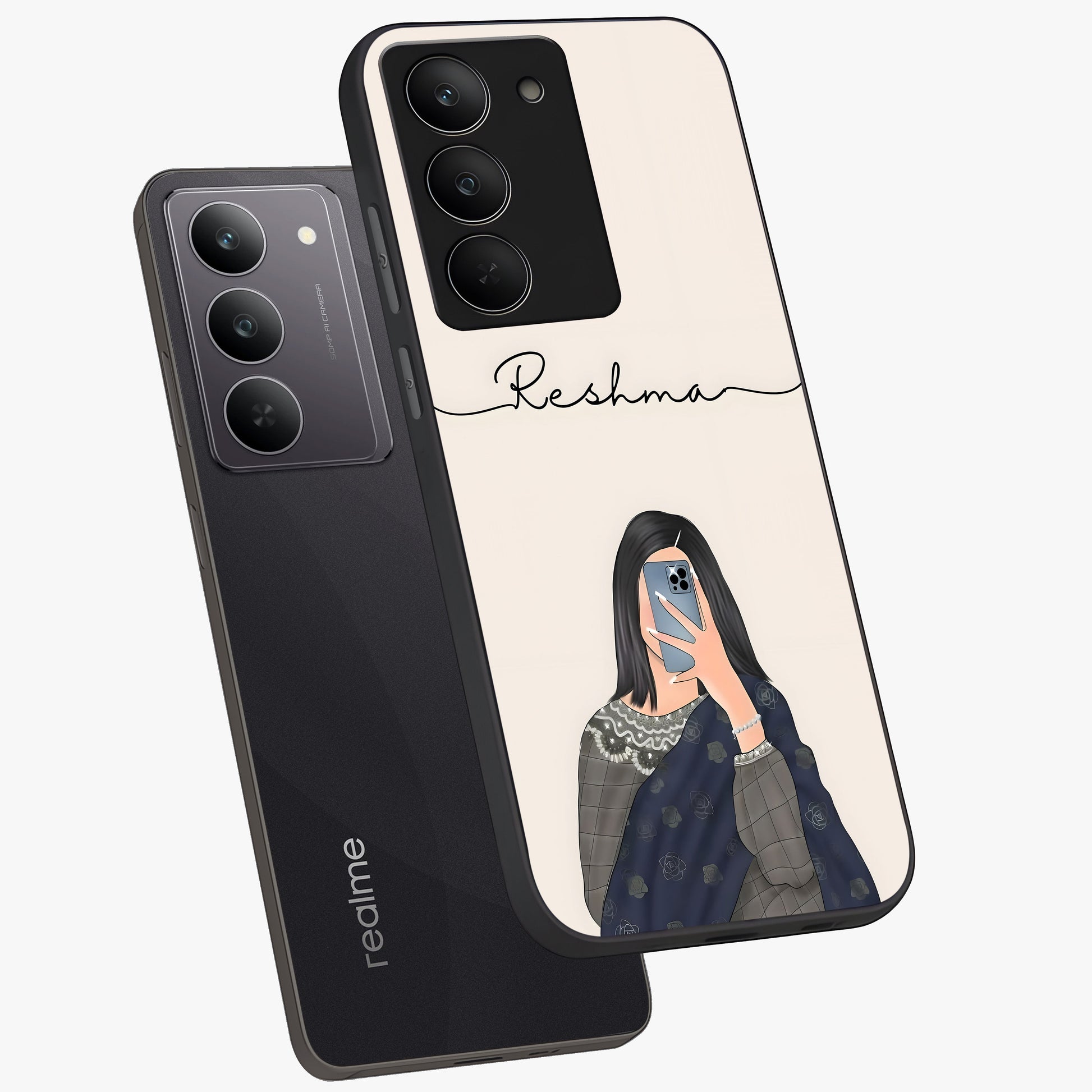 Mirror Mood Muse With Custom Name Glass Case displayed in angled mockup highlighting aesthetic mirror inspired design with custom name feature.