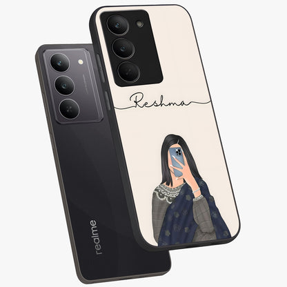 Mirror Mood Muse With Custom Name Glass Case displayed in angled mockup highlighting aesthetic mirror inspired design with custom name feature.