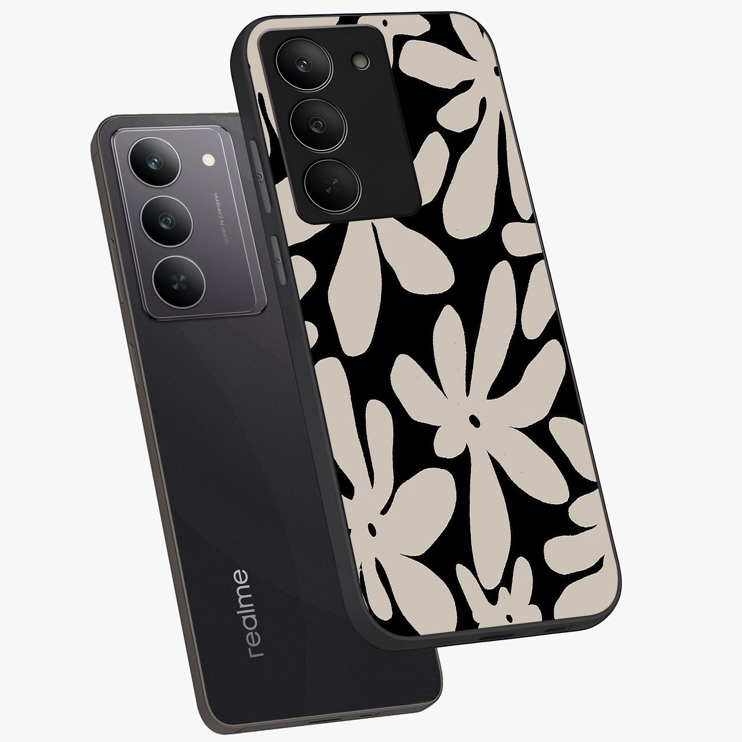 Monochrome Petal Dance Glass Case displayed in angled mockup highlighting elegant petal design with black and white aesthetic.