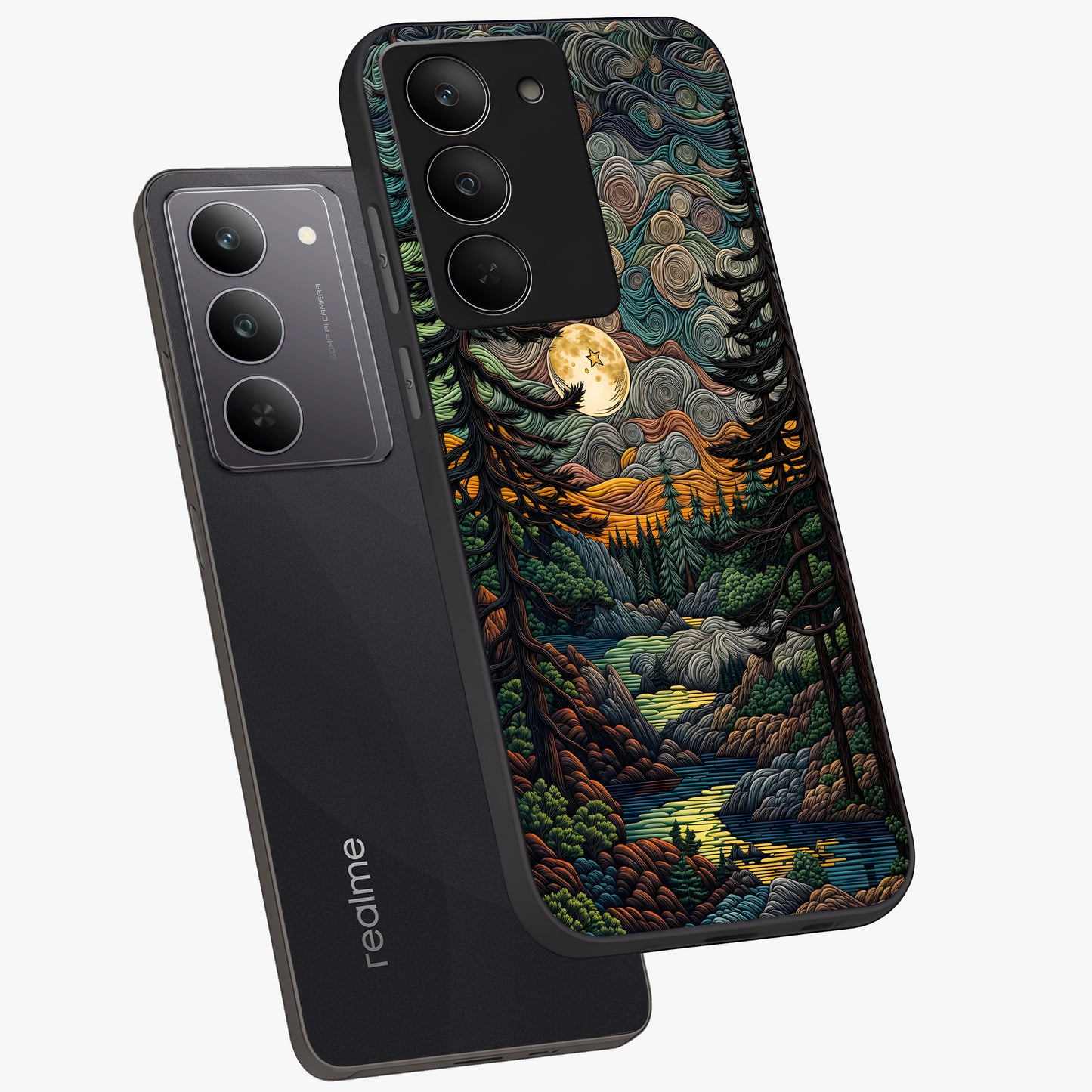 Moonlight Forest Dream Glass Case displayed in angled mockup highlighting dreamy forest design with glowing moon aesthetic.