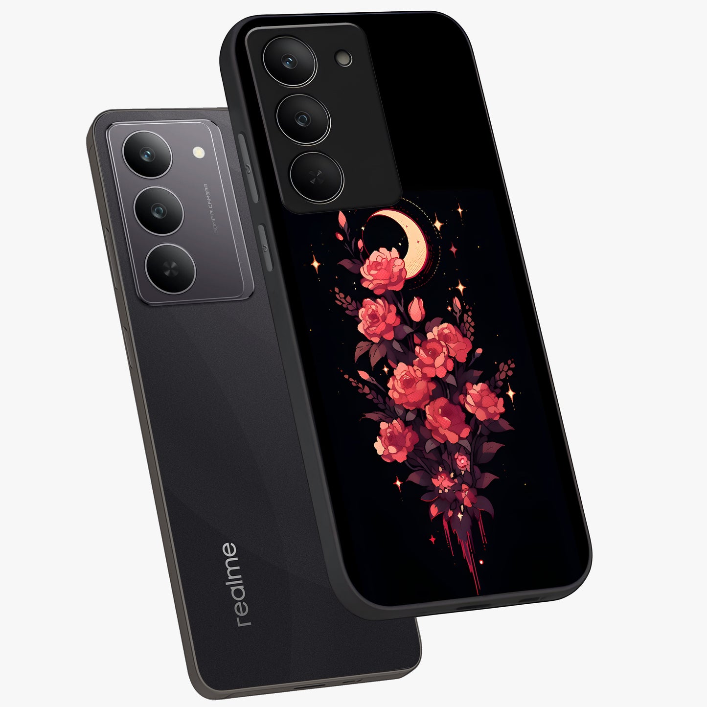 Moonlit Floral Elegance Glass Case displayed in angled mockup highlighting graceful flower design with soft moonlight aesthetic.