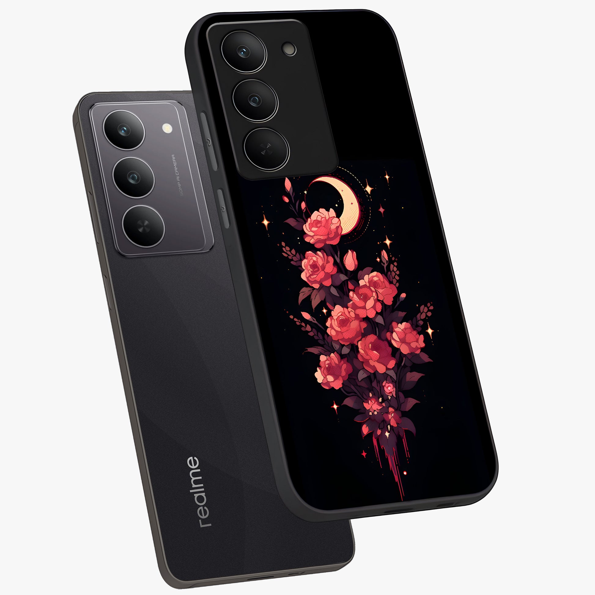 Moonlit Floral Elegance Glass Case displayed in angled mockup highlighting graceful flower design with soft moonlight aesthetic.