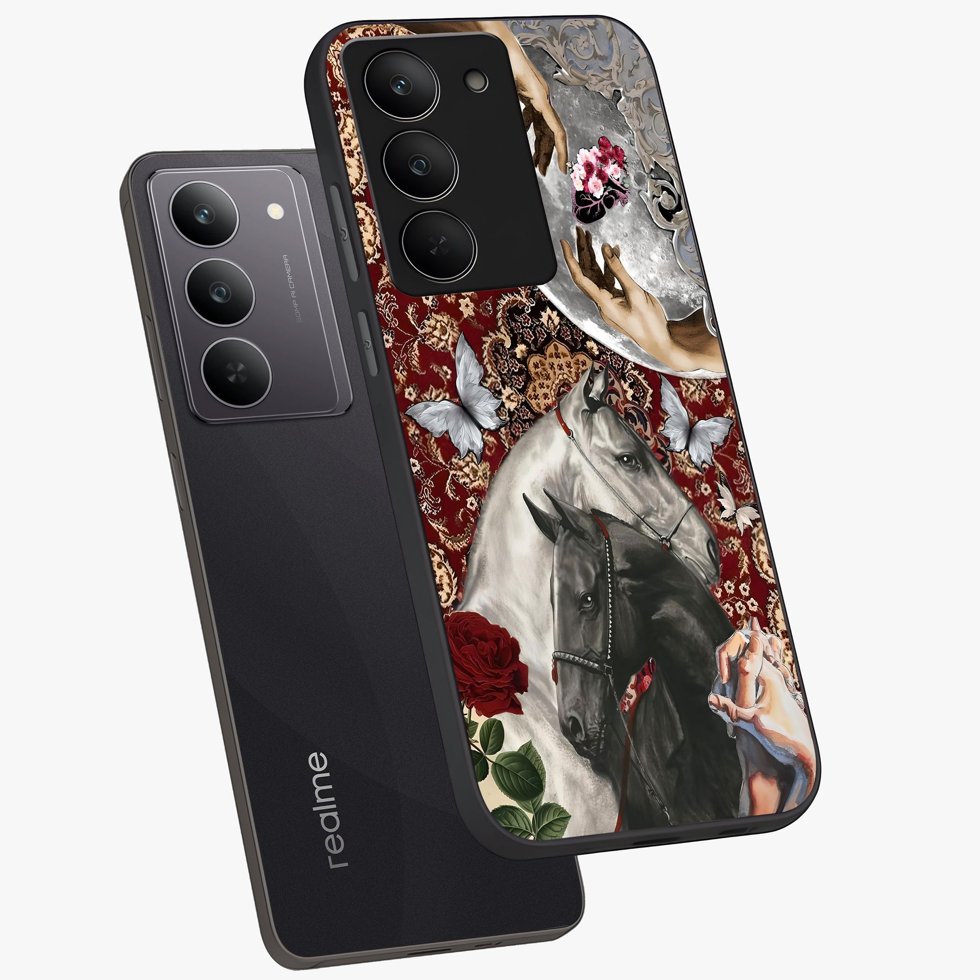 Moonlit Royal Stallion Glass Case displayed in angled mockup highlighting powerful stallion illustration with royal night aesthetic.