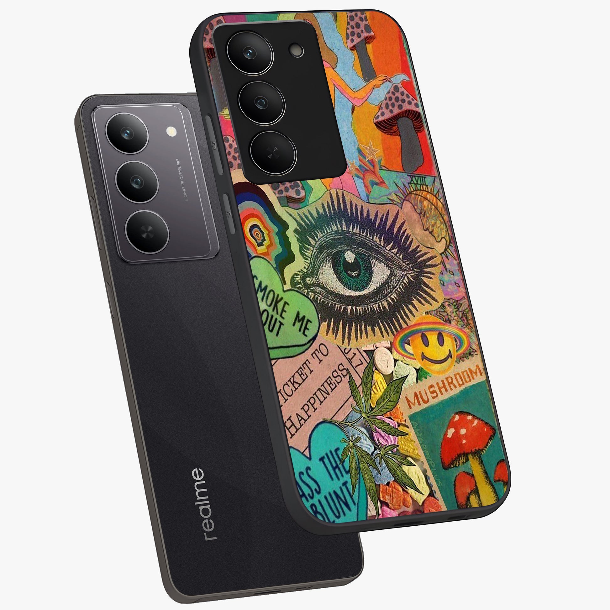 Mystic Eye Wonderland Glass Case displayed in angled mockup highlighting magical eye illustration with dreamy aesthetic.