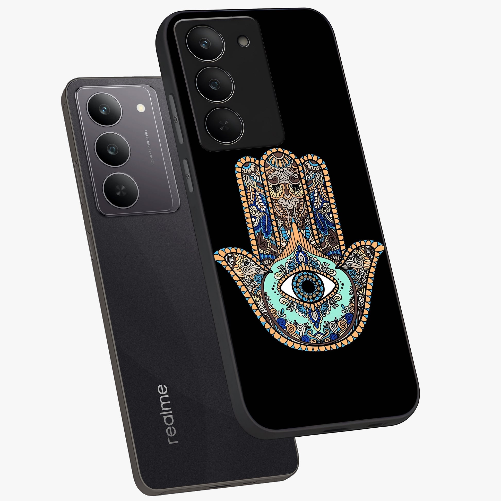 Mystic Hamsa Eye Glass Case displayed in angled mockup highlighting spiritual hamsa symbol with mystical aesthetic style.