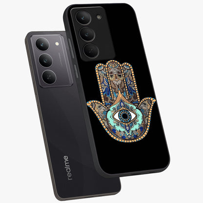 Mystic Hamsa Eye Glass Case displayed in angled mockup highlighting spiritual hamsa symbol with mystical aesthetic style.