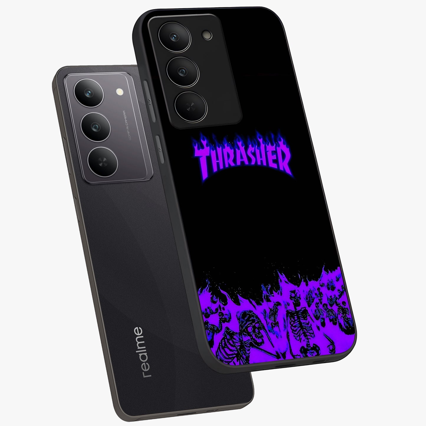 Neon Flame Riot Glass Case displayed in angled mockup highlighting glowing flame design with vibrant neon aesthetic.