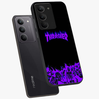 Neon Flame Riot Glass Case displayed in angled mockup highlighting glowing flame design with vibrant neon aesthetic.