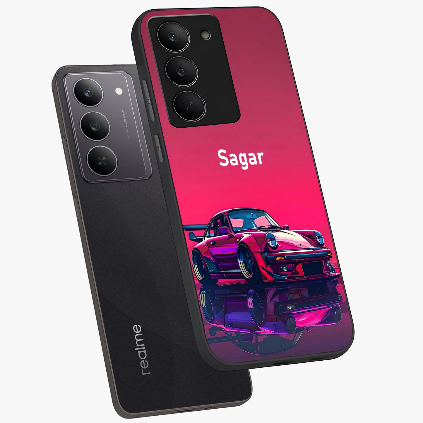 Neon Pink Porsche Glass Case displayed in angled mockup highlighting sleek neon pink car design with racing aesthetic.