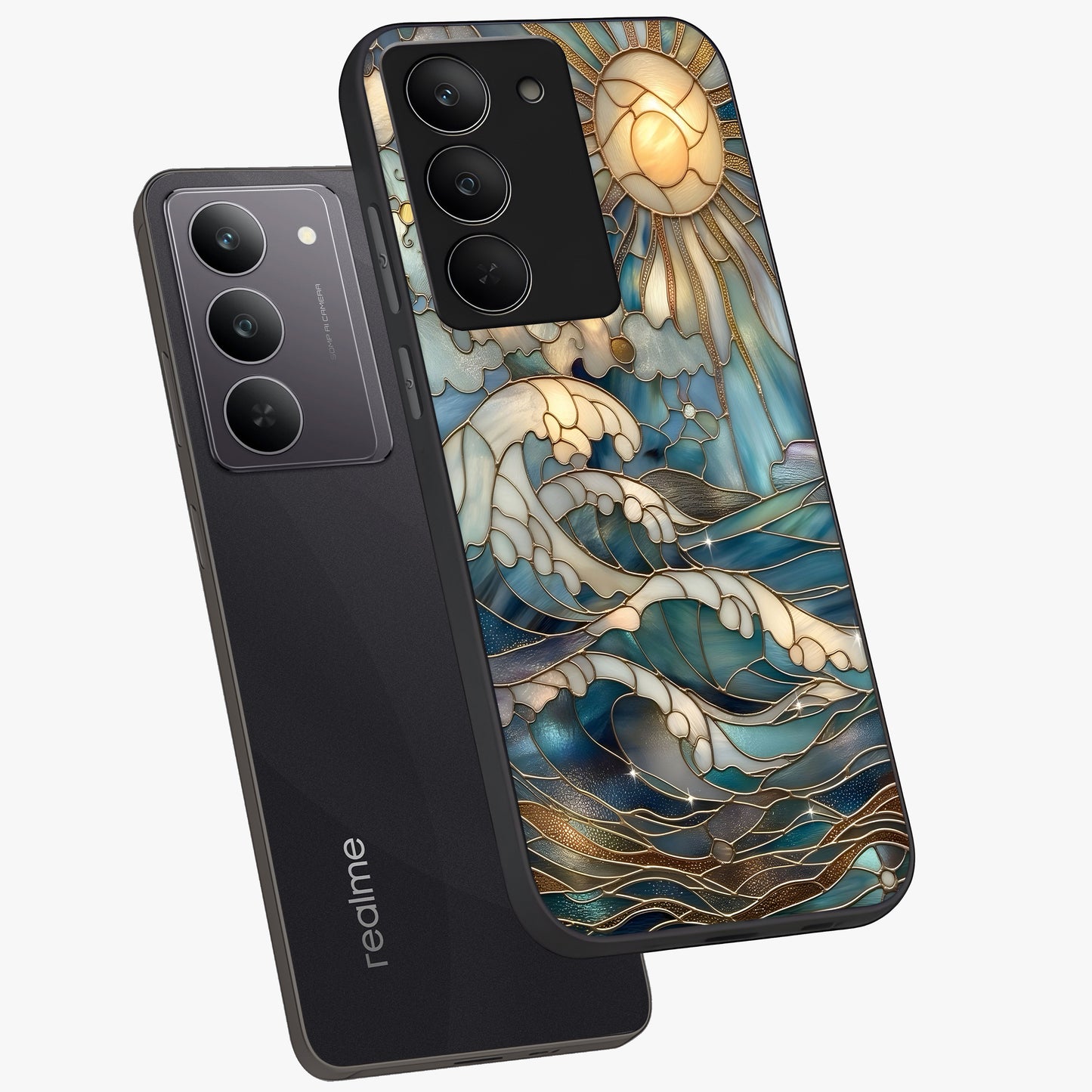 Oceanic Stained Printed Glass Case displayed in angled mockup highlighting colorful aquatic design with artistic aesthetic style.
