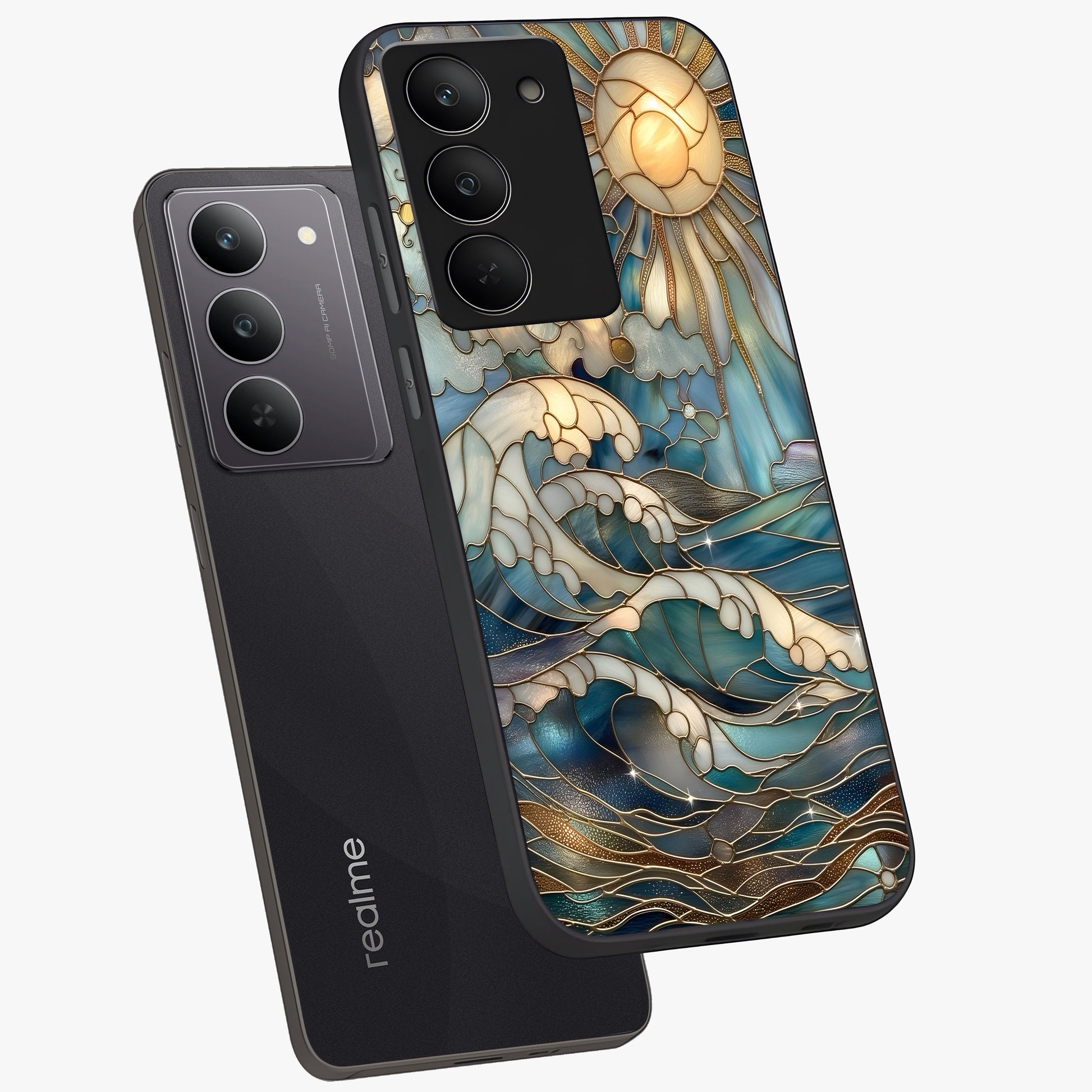 Oceanic Stained Printed Glass Case displayed in angled mockup highlighting colorful aquatic design with artistic aesthetic style.
