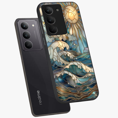 Oceanic Stained Printed Glass Case displayed in angled mockup highlighting colorful aquatic design with artistic aesthetic style.