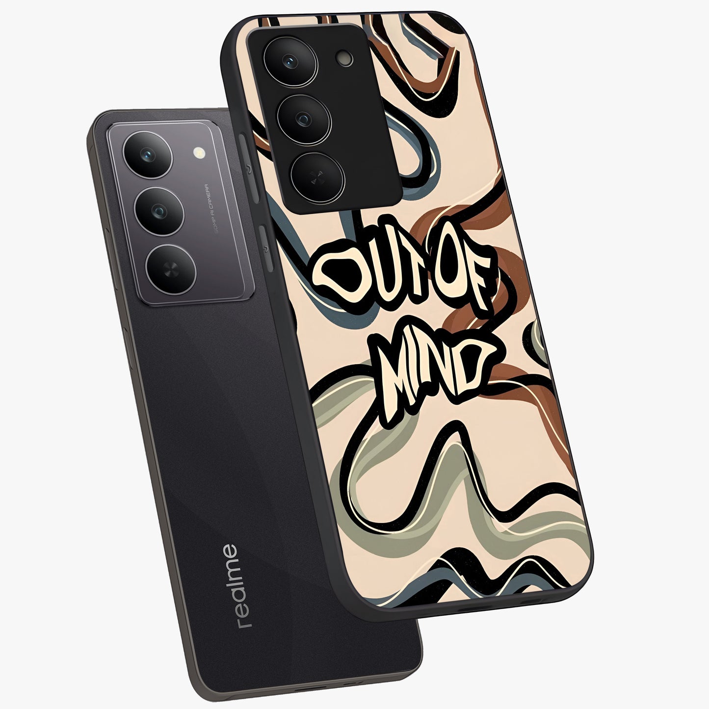 Out Of Mind Glass Case displayed in angled mockup highlighting bold statement design with modern artistic aesthetic.