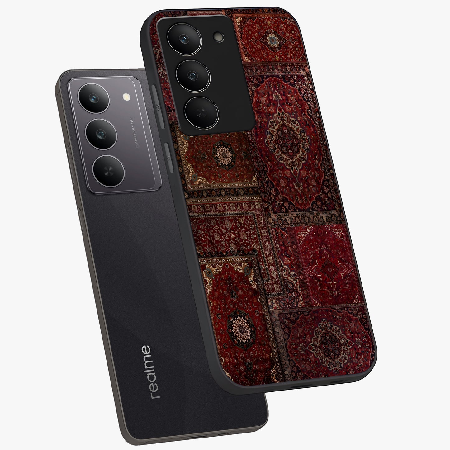 Persian Velvet Tale Glass Case displayed in angled mockup highlighting ornate textile inspired design with royal aesthetic.