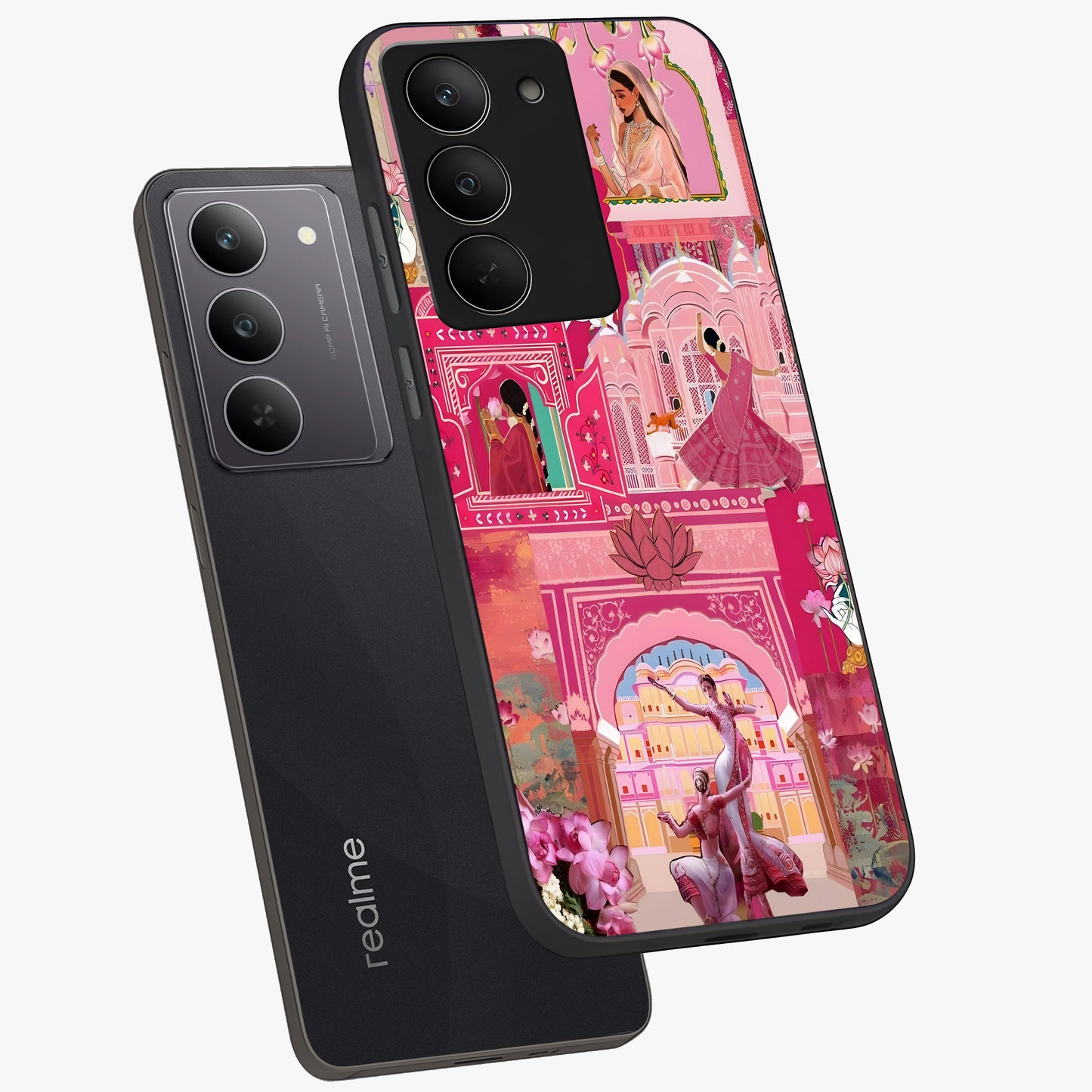 Pink Palace Muse Glass Case displayed in angled mockup highlighting dreamy palace illustration with soft pink aesthetic.