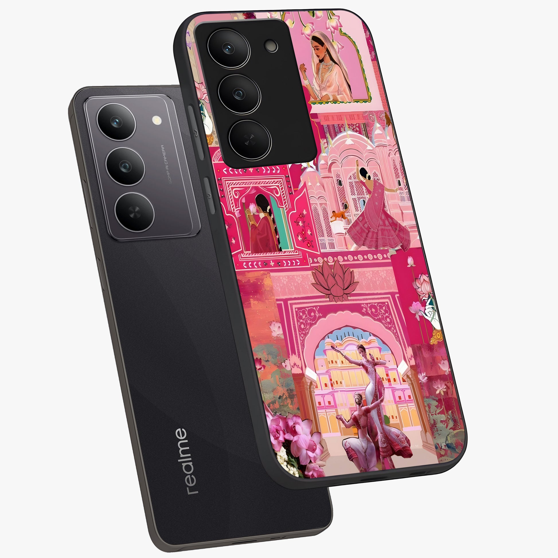 Pink Palace Muse Glass Case displayed in angled mockup highlighting dreamy palace illustration with soft pink aesthetic.
