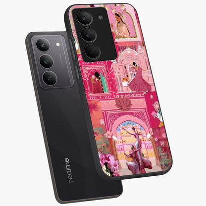 Pink Palace Muse Glass Case displayed in angled mockup highlighting dreamy palace illustration with soft pink aesthetic.