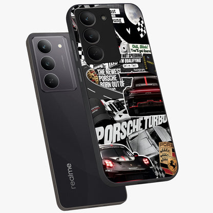 Porsche Racing Collage Glass Case displayed in angled mockup highlighting dynamic automotive design with bold racing aesthetic.