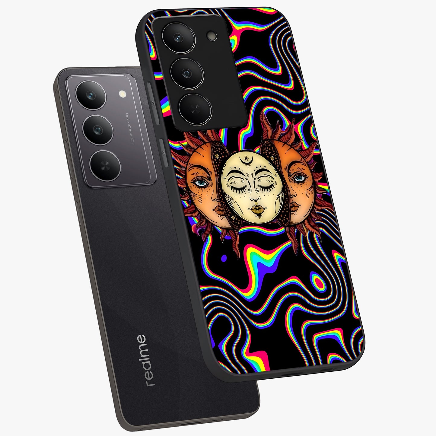 Psychedelic Sun Glass Case displayed in angled mockup highlighting vibrant abstract sun design with artistic aesthetic style.