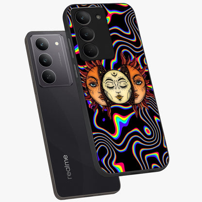 Psychedelic Sun Glass Case displayed in angled mockup highlighting vibrant abstract sun design with artistic aesthetic style.