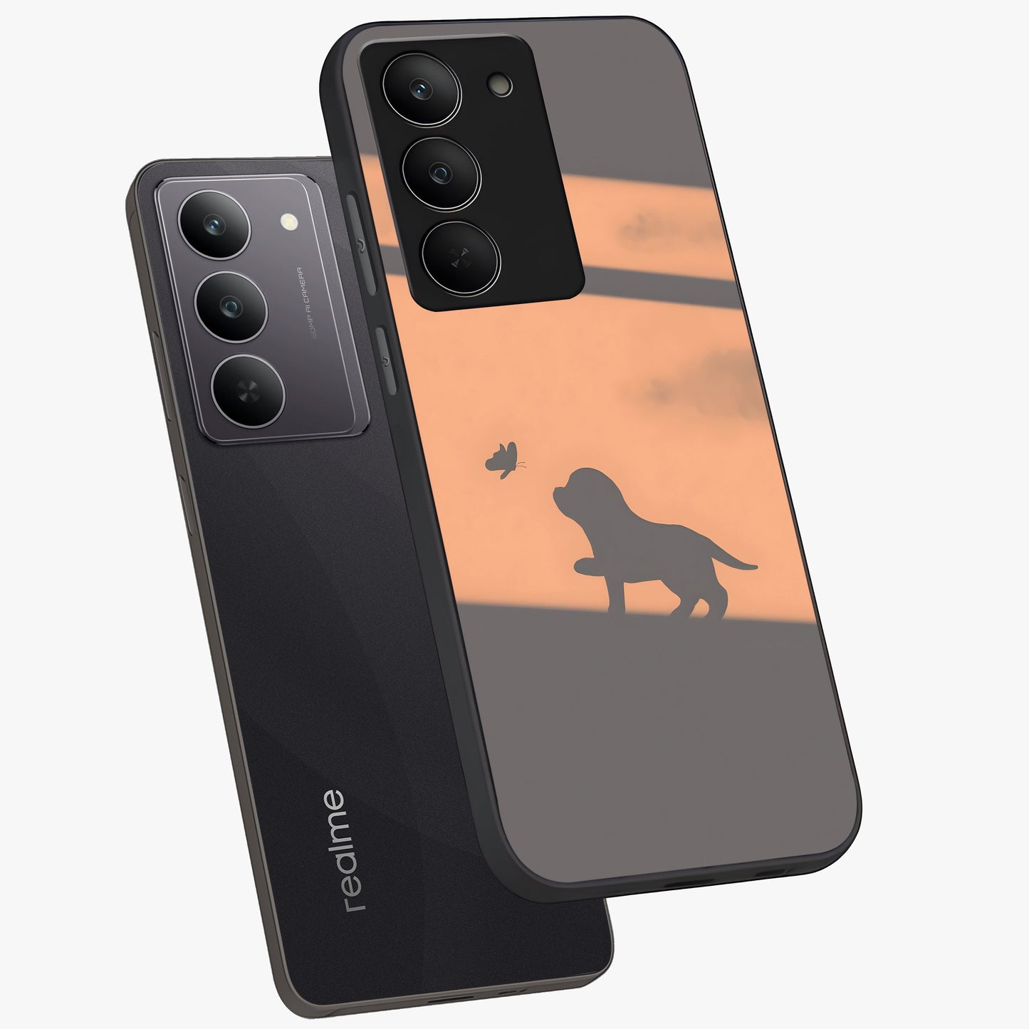 Puppy Shadow Art Glass Case displayed in angled mockup highlighting playful dog illustration with artistic shadow aesthetic.