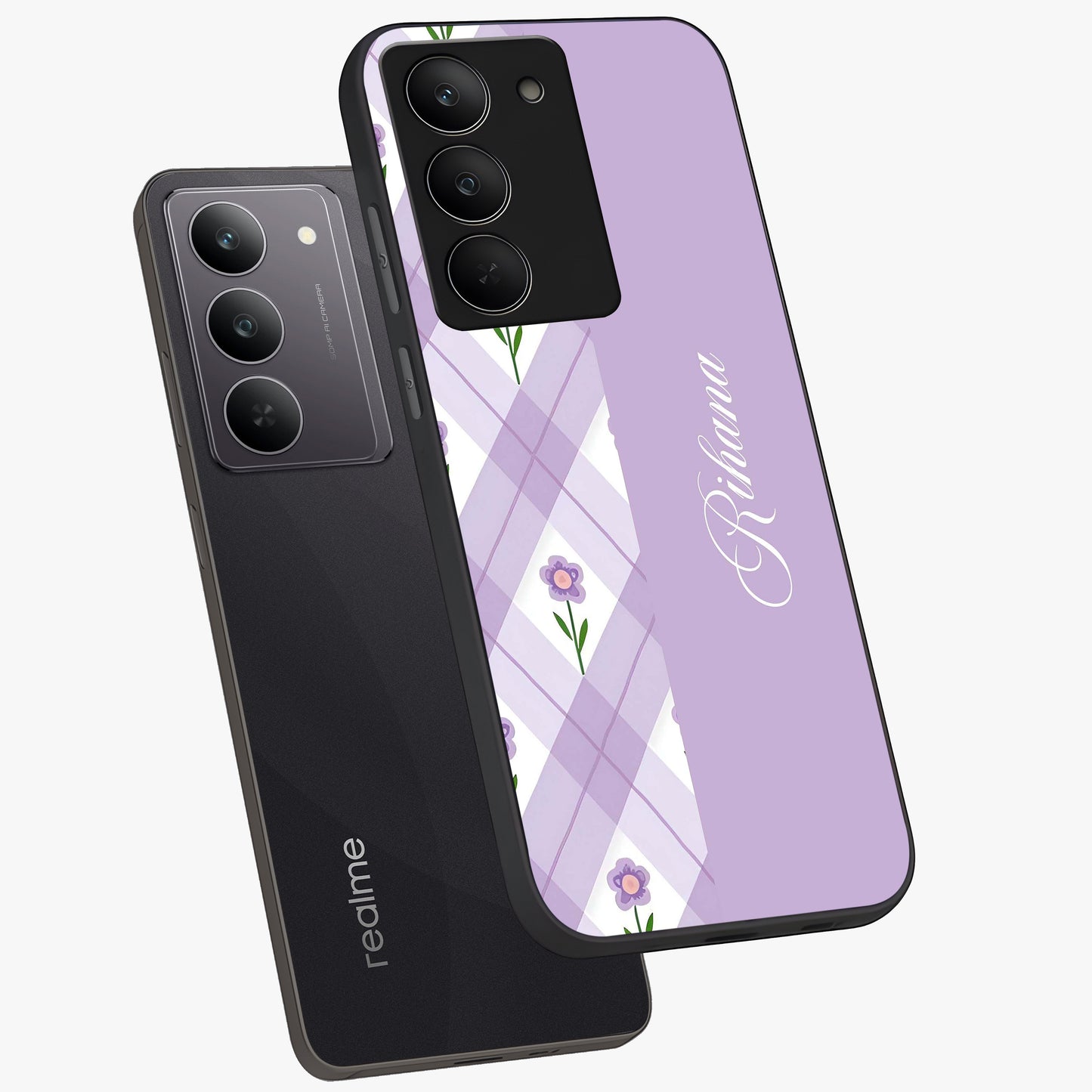 Purple Diamond Floral Glass Case displayed in angled mockup highlighting elegant purple flower design with decorative pattern.