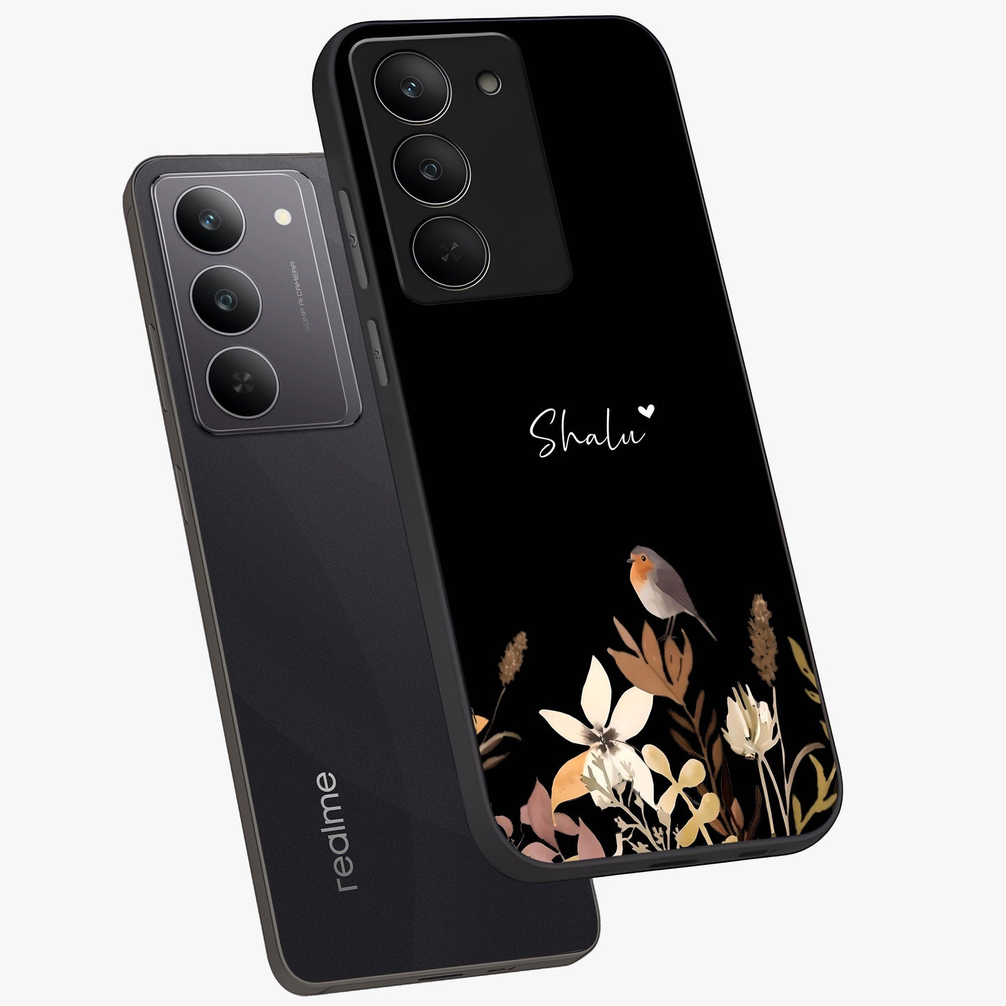 Quiet Garden Tune Custom Name Glass Case displayed in angled mockup highlighting delicate floral garden design with custom name feature.